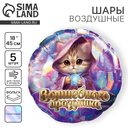 Foil balloon 18 "Magic holiday", cat, circle, holography, set of 5 pcs.