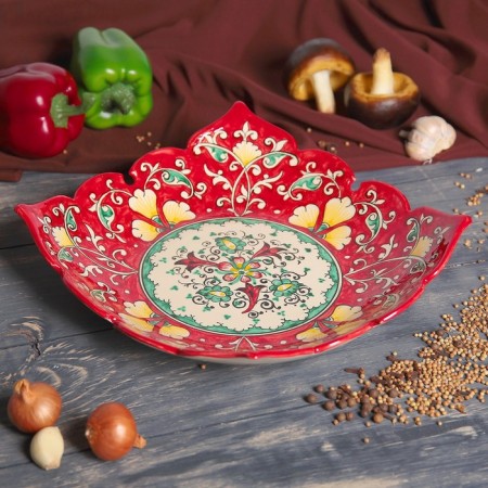 Rishtan ceramics "Flowers", 33 cm, square, red