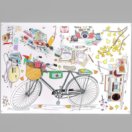 Sticker Plastic Interior color "Bicycle, tape recorder and camera" 60x90 cm-1
