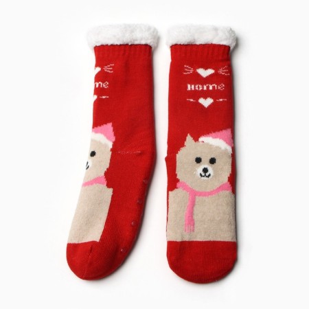 New Year. Women's socks with fur, red color/bear, size 36-40