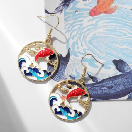 Earrings Assorted "Japan" fish above the water, colored in gold-1