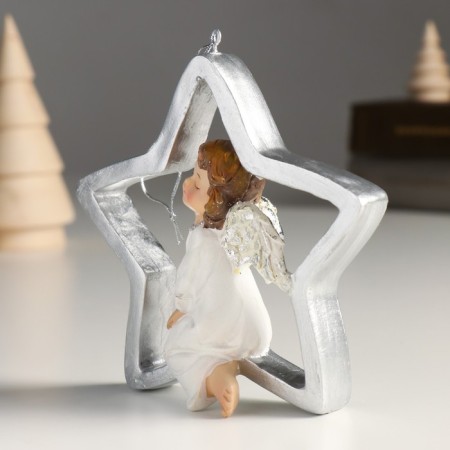 Souvenir Polystone Suspension "Angel on the Star" Silver Wings 4.5x11x11 cm-3