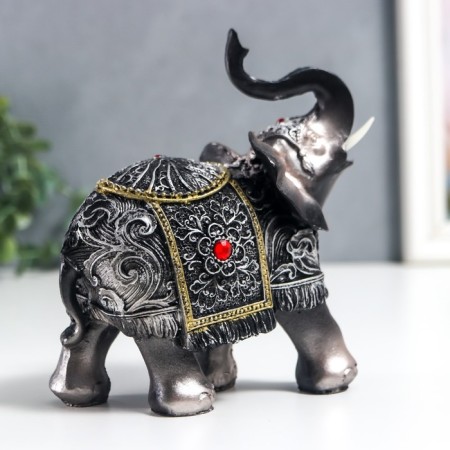 Polystone souvenir "Silver Elephant in Popon with patterns and rhinestones" MIX 15x14x7 cm-2