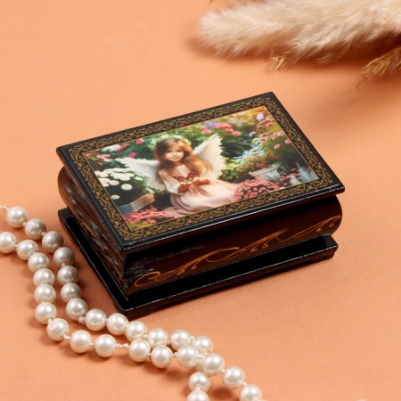 Casket "Angel with a butterfly", black, 6 × 9 cm, lacquer miniature