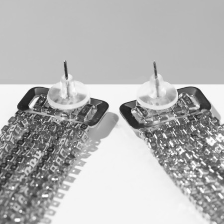 Hanging earrings with Hollywood rhinestones, 8 rows, white color in silver, 12 cm-2