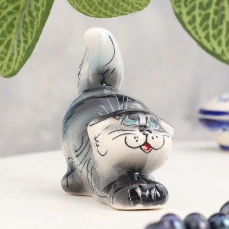 Souvenir "cat", sedentary, striped dark, gzhel