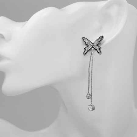 Hanging earrings with rhinestones "Butterfly" duet, black and white color in silver-3
