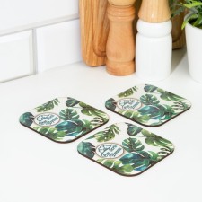 A set of stars for glasses, wooden 3 pcs, green leaves, 9.5x9.5x0.9 cm