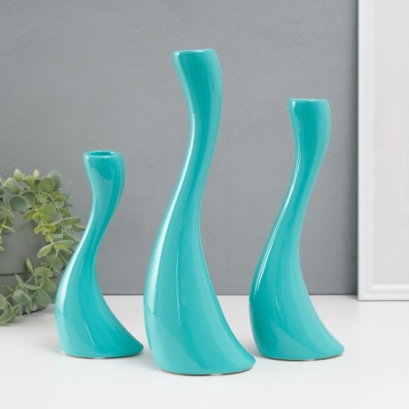 Ceramics candlestick for 1 candle "wave" d = 2.5 cm, turquoise, set 3 pcs h = 20, 25 and 30 cm-3