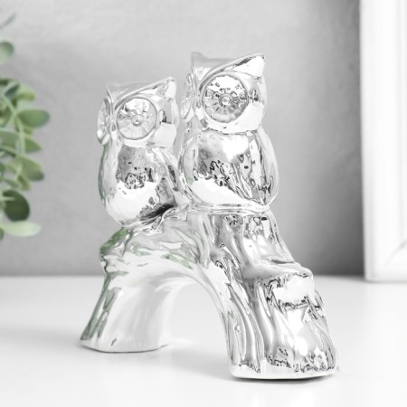 Souvenir ceramics "Two owls on the snag" silver 15x4.5x13.3 cm-1