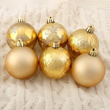 Set of balls plastic D -6 cm, 6 pcs "Festive lights - stars" gold