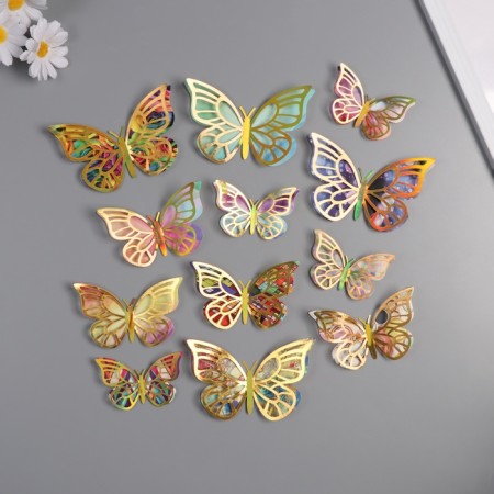 Stick paper, plastic "Butterflies, colored spots" gold set 12 pcs 12 cm, 10 cm 8 cm