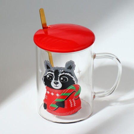 Glass mug with a spoon and lid "Raccoon", 470 ml-2