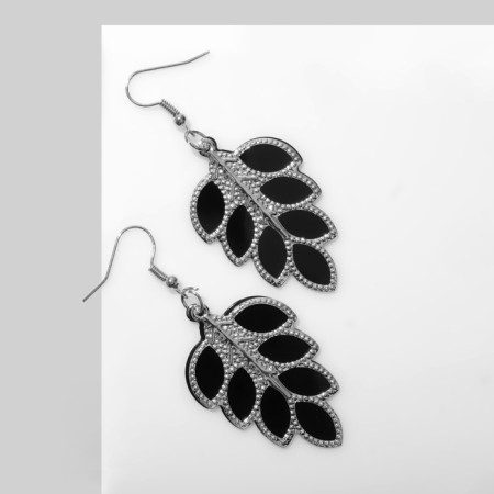Earrings hanging "leaves" duo, silver-black color, 6 cm-1