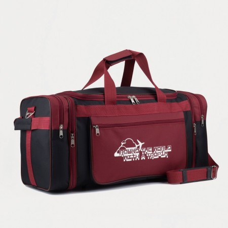 Road bag on a zipper, with an increase, 3 outer pockets, a long belt, black/burgundy color