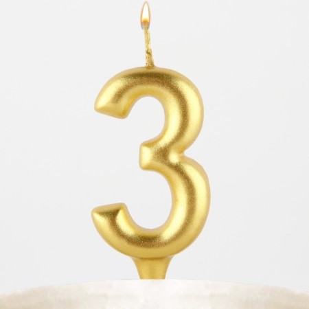 Candle for the cake, the number "3", gold.-6