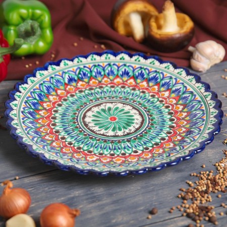 Plate of the Rishtan ceramics "Flowers", blue, embossed, 25cm