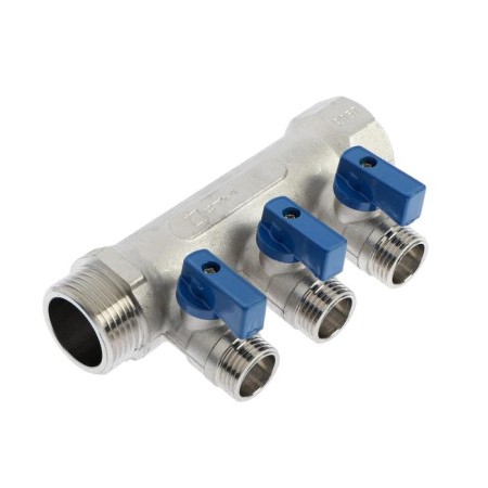 Collector "STM", 1 "X1/2", external threads, 3 exits, with ball valves, nickel.