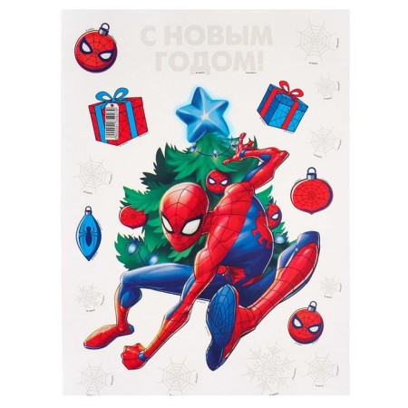 Stickers on the window "Happy New Year!", Spider-Man
