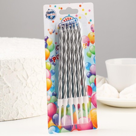 Candles in the Cake "Metallic", 14cm, 6pcs with a stand, silver-2