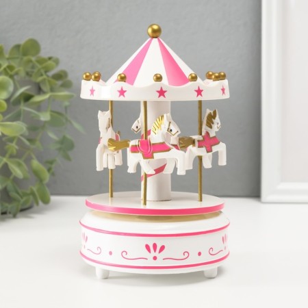 Souvenir Plastic Mechanical "Carousel - Horses" white -pink 10.5x10.5x17.5 cm 10459
