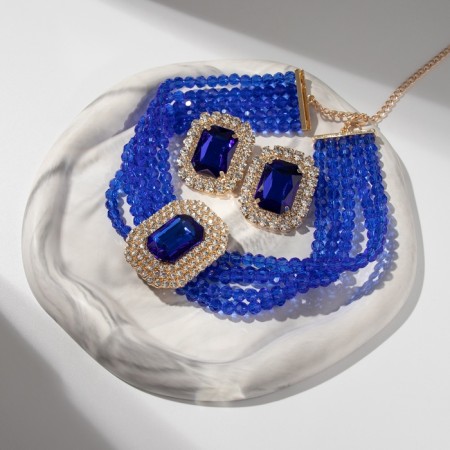 Set 2 items; Earrings, necklace "luxury" large stone, blue color in gold, 42 cm-3