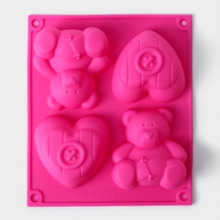 Baking uniform “Bear and Heart”, silicone, 17 × 15 cm, 4 cells, pink color-3