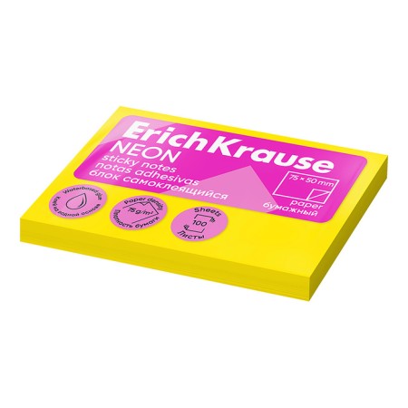Block with a sticky edge paper 75x50 mm, Erichkrause "Neon", 100 sheets, yellow