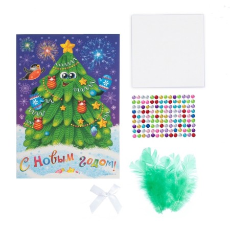 New Year's set for creativity. Application with feathers and rhinestones “New Year. Christmas tree ", 14.8 x 21 cm-5