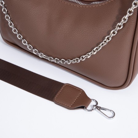 Baget bag with zipper, long belt, brown color-5
