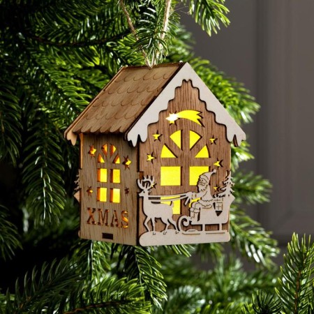 Christmas tree toy "House with Santa Claus on the sled", from batteries, glow warm white
