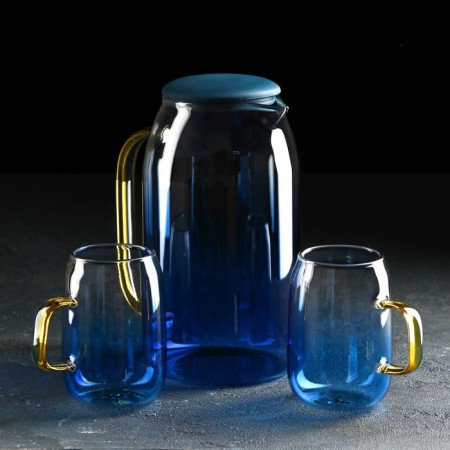 Set for drinks made of glass "Modern", 3 items: jug 1.5 l, 2 circles 300 ml, blue color blue