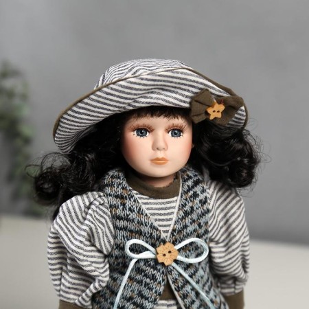 Doll Collectible Ceramics "Valya in a striped dress and knitted vest" 30 cm-4