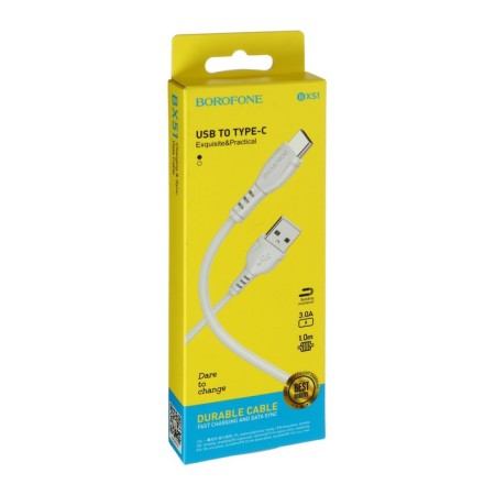 Cable Borofone BX51, Type -C - USB, 3 A, 1 m, PVC braid, white-3