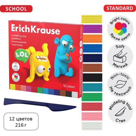 Plasticine 12 colors, 216 g, Erichkrause "Jolly Friends", with a stack, in cardboard packaging