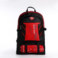 A backpack on a zipper with an increase, 65l, 4 outer pockets, red color