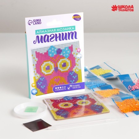 Diamond mosaic on a magnet with a complete filling for children “owl”, 10 x 10 cm-2