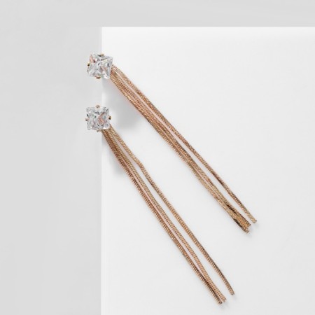 Hanging earrings with rhinestones "chains" square, white color in gold