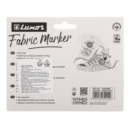 Набор маркеров для ткани 4 цвета, Luxor "Fabric", 1-2 мм, пулевидный, в блистере-1