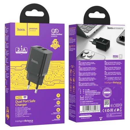 Network charger Hoco N25, 2 USB, 2.1 a, black-2