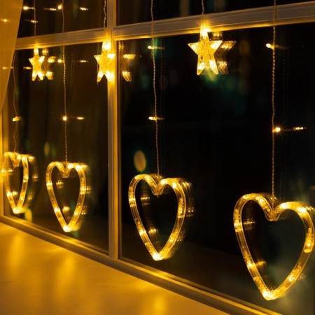 Garland “fringe” 2.4 × 0.9 m with nozzles “heart”, ip20, transparent thread, 186 LED, glow warm white, 8 modes, 220 V-3