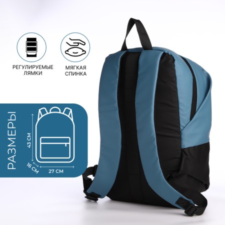 Youth backpack from textiles with a zipper, waterproof, external pocket, black/blue color-1
