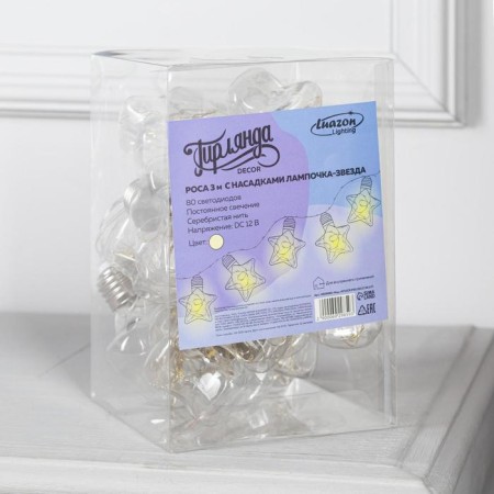 Garland “thread” 3 m with nozzles “Star light bulbs”, IP20, transparent thread, 80 LED, glow warm white, 8 modes, 220 V-2