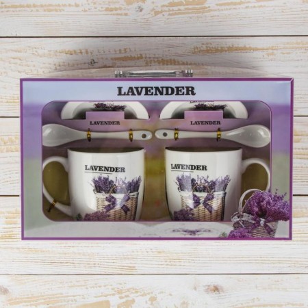 A set of ceramic mugs with spoons and stands "Lavender Bouquet", 2 items: 330 ml, Mix drawing-10