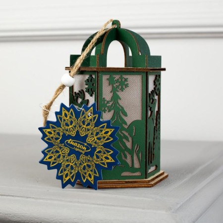 Christmas tree toy "Green Lantern with a deer", from batteries, a glow of warm white-3