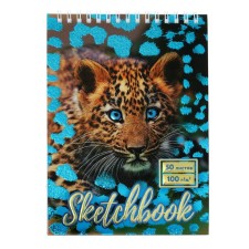 Calligrata A5 sketchbook, 50 sheets, solid cover, “leopard”, metallized cardboard with a volumetric pattern, block 100 g/m2