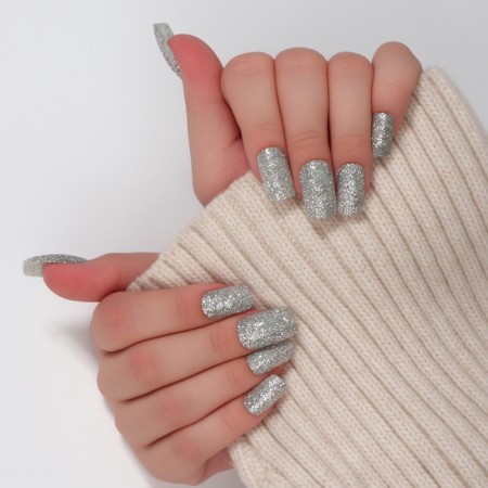 Lighting nails "Shine", 12 pcs, with sparkles, with adhesive plates, shape soft square, silver-7