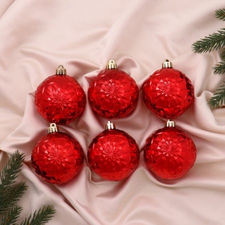 Christmas tree toys, New Year's balls, plastic, D-7 cm set, 6 pcs "Kaleidoscope" Red