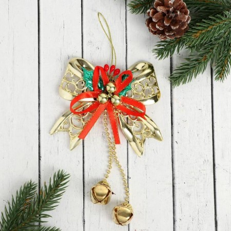 Jewelry New Year's "Patterned Bow with Beads" 10x15 cm, red-gold