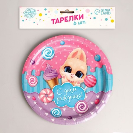 Disposable paper plate with birthday, bunny, set 6 pcs, 18 cm-1